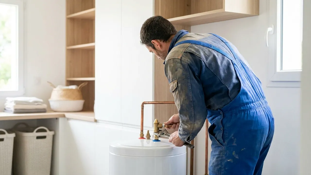 Plombier contrôlant le groupe de sécurité d'un ballon d'eau chaude dans une maison de Garches