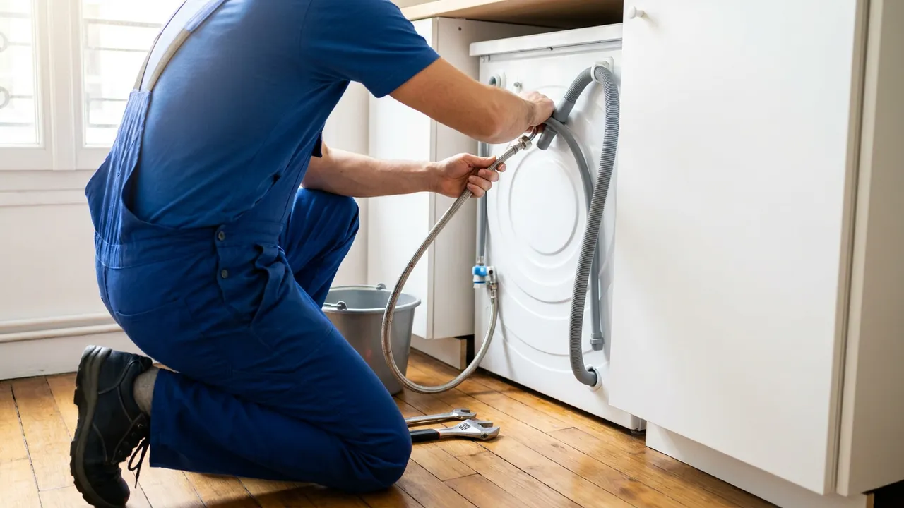 Raccordement d'un lave-linge sur robinet et siphon dédiés dans une buanderie à Garches